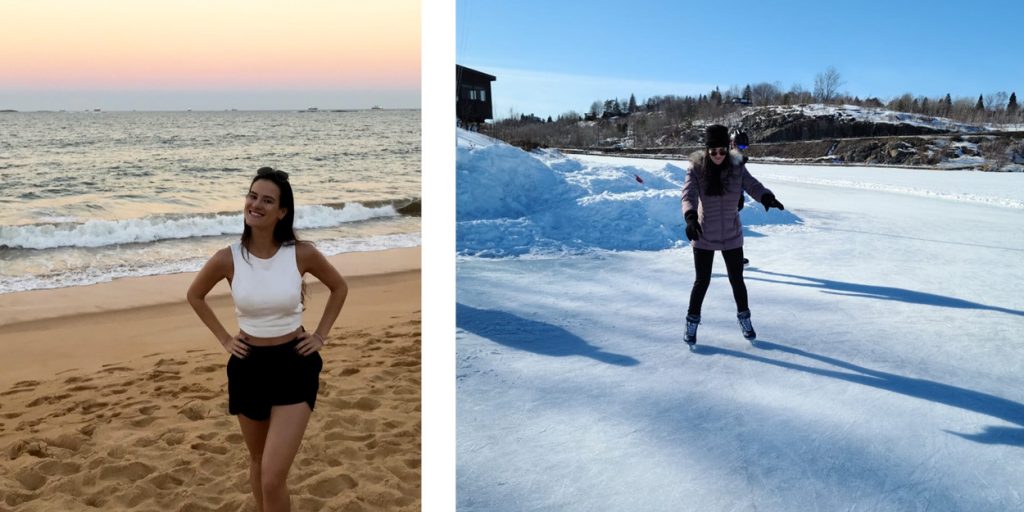 Conheça nossa equipe: Jessica Monteiro. À esquerda: Jessica de volta à praia no Brasil. À direita: a primeira vez que Jessica patinando no gelo!